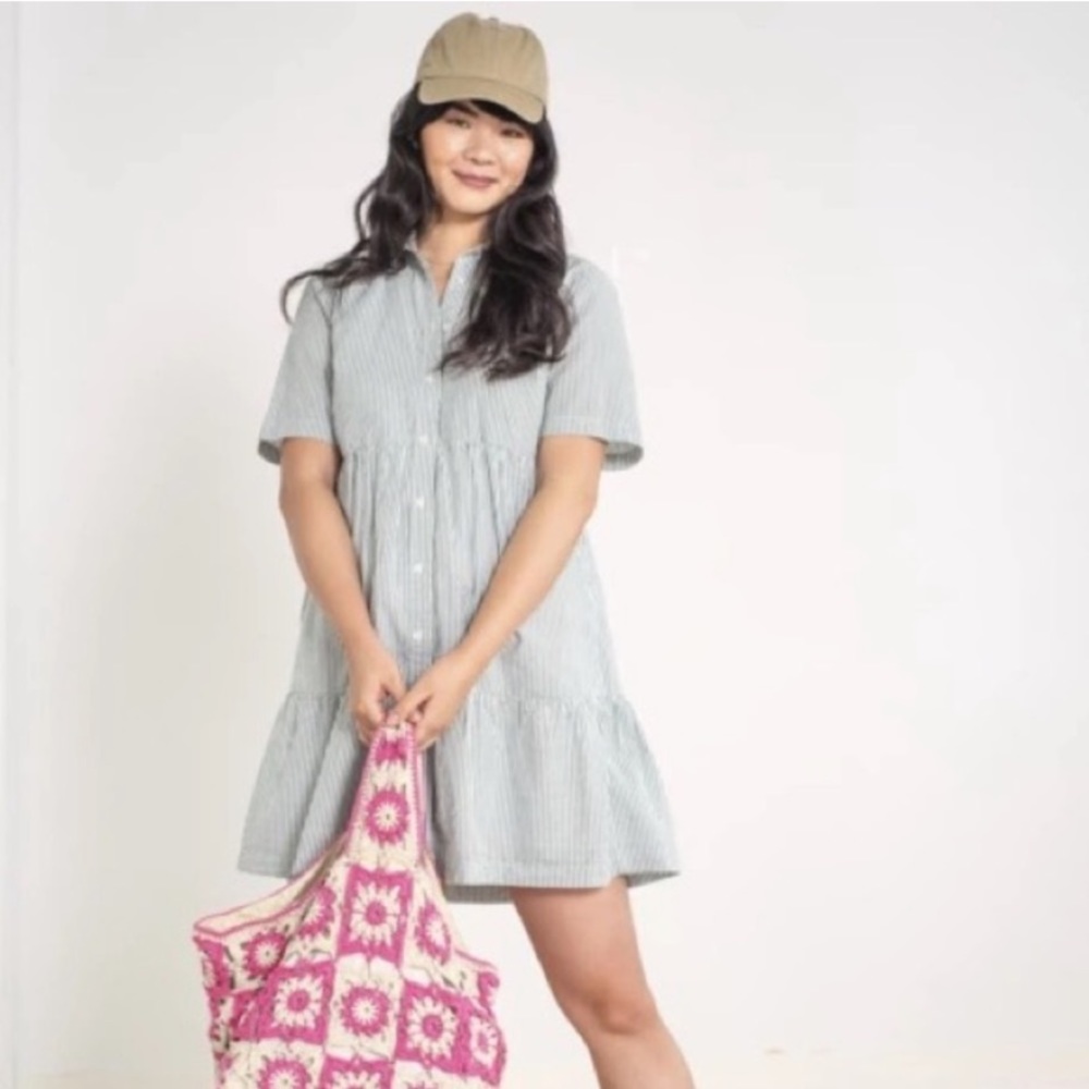 Gap Tiered Babydoll Dress Striped Mint Green & White
